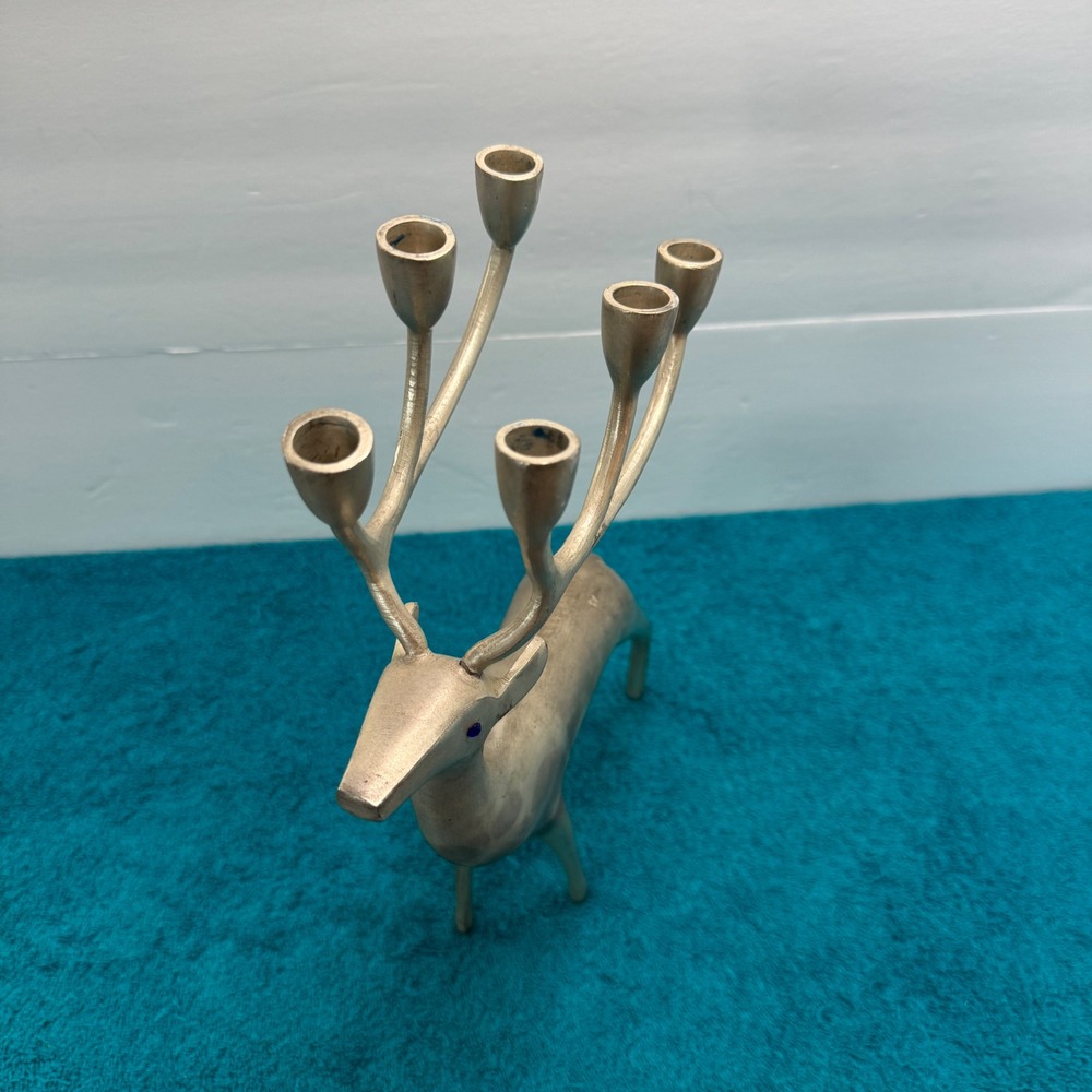 Vintage Silver Metal Reindeer Candelabra 6 Antler Taper Candle Holder Blue Eyes - Picture 3 of 12